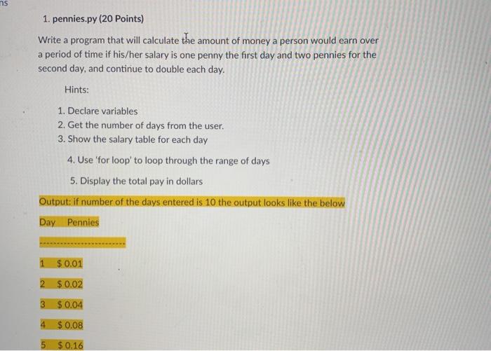Solved ns 1. pennies.py (20 Points) Write a program that | Chegg.com