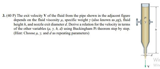 3. (40 P) The exit velocity V of the fluid from the | Chegg.com