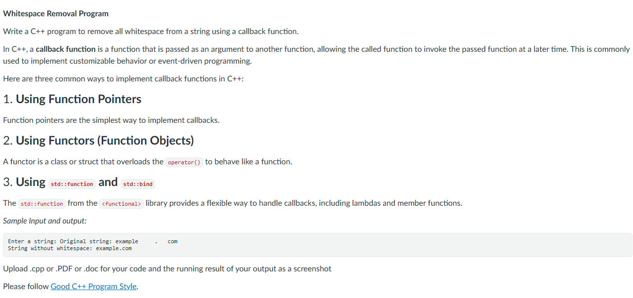 Solved Whitespace Removal Program Write a C++ ﻿program to | Chegg.com