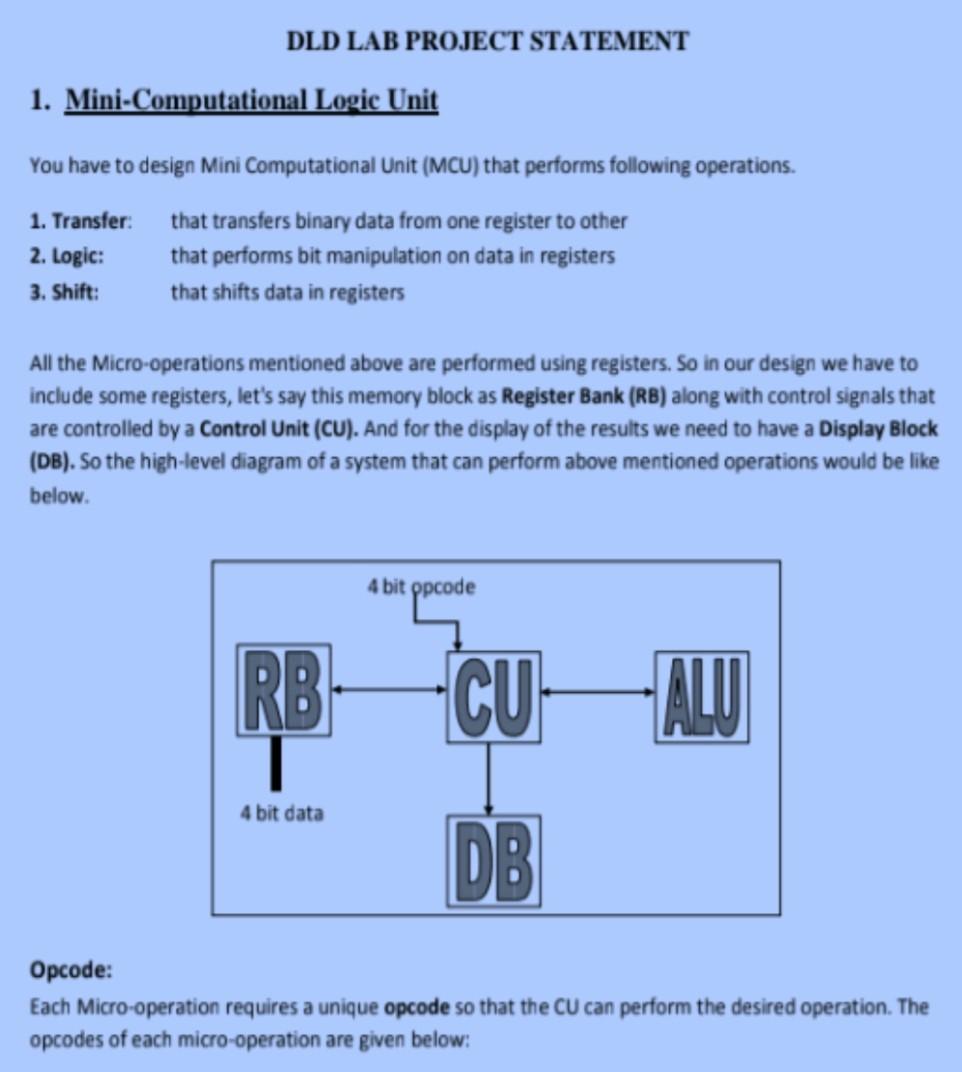 DLD LAB PROJECT STATEMENT 1. Mini-Computational Logic | Chegg.com