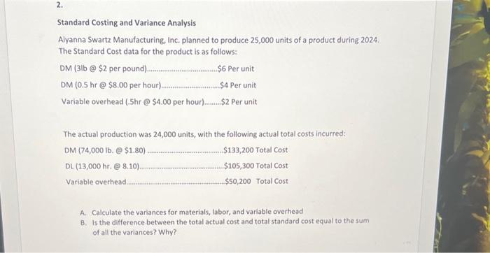 Solved Standard Costing and Variance Analysis Alyanna Swartz | Chegg.com