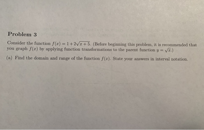 Solved Problem 3 Consider the function f(x) = 1+2v1 +5. | Chegg.com