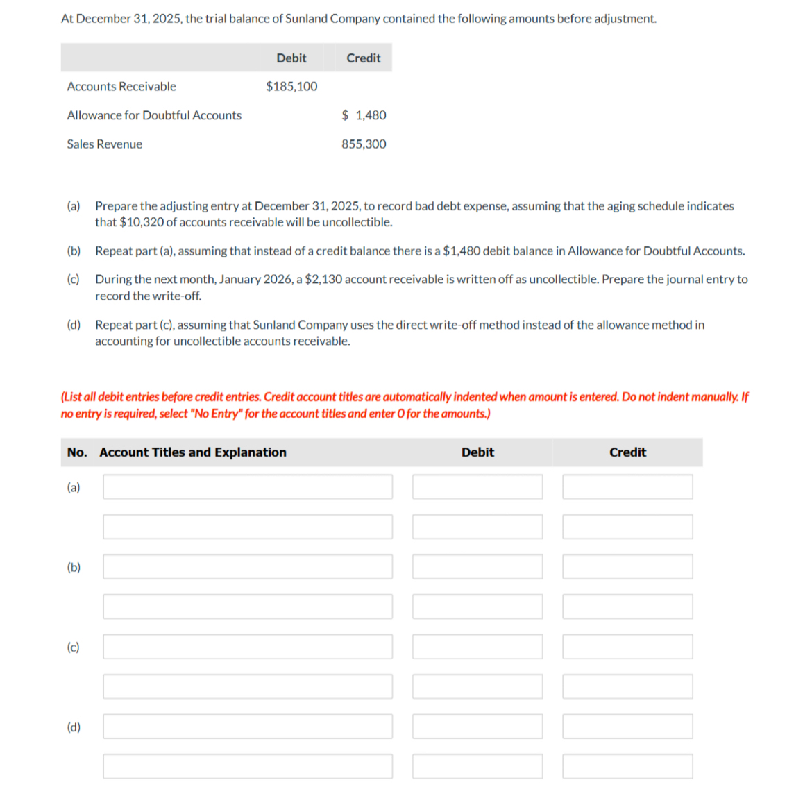 At December 31, 2025, ﻿the trial balance of Sunland | Chegg.com