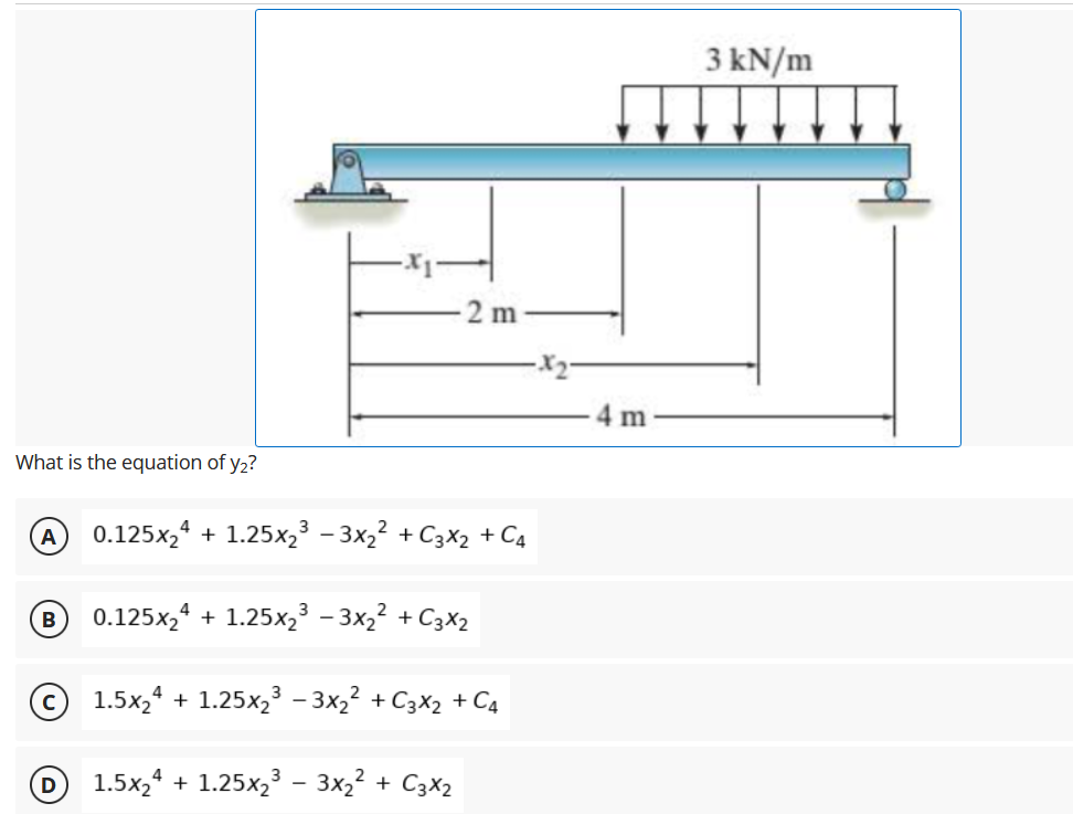 2m 0.125x₂4 +1.25x₂³ - 3x₂² + 3x₂ + C4 3 0.125x₂4 +1.25x₂³ - 3x₂² + 3x₂ 1.5x₂4 +1.25x₂³ -3x₂² + C3X₂ + C4 1.5x₂4 + 1.25x₂³ -