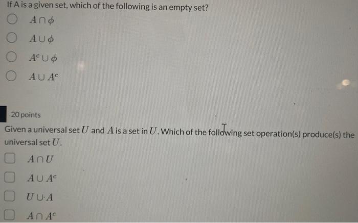 Solved If A is a given set, which of the following is an | Chegg.com