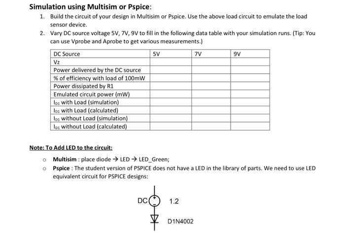 Solved 5V 7V 9V Simulation using Multisim or Pspice: 1. | Chegg.com
