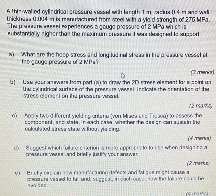 Solved A thin-walled cylindrical pressure vessel with length | Chegg.com