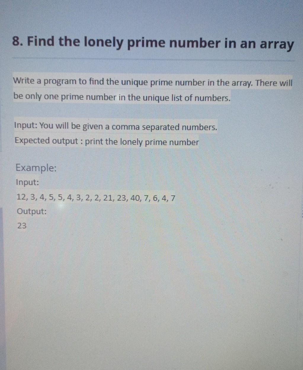 Solved Find lonely prime number in array, guys i have 30min | Chegg.com