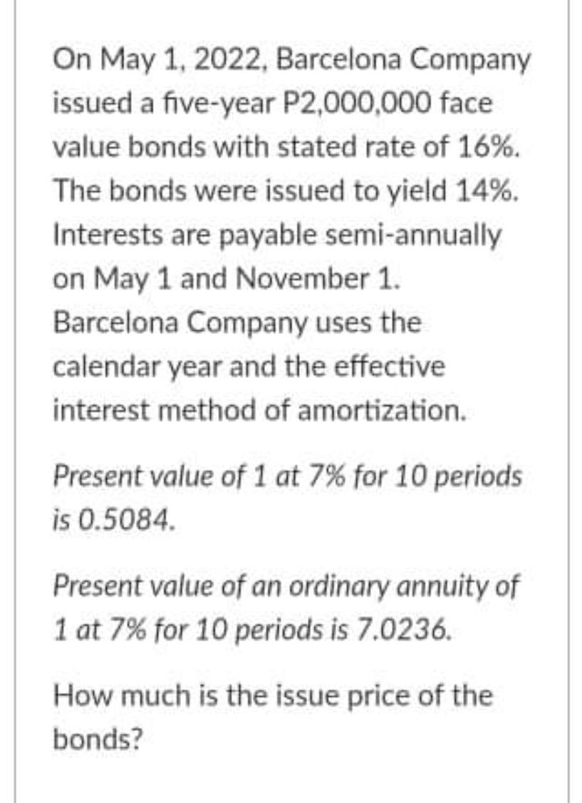 Solved On May 1, 2022, Barcelona Company Issued A Five-Year | Chegg.com