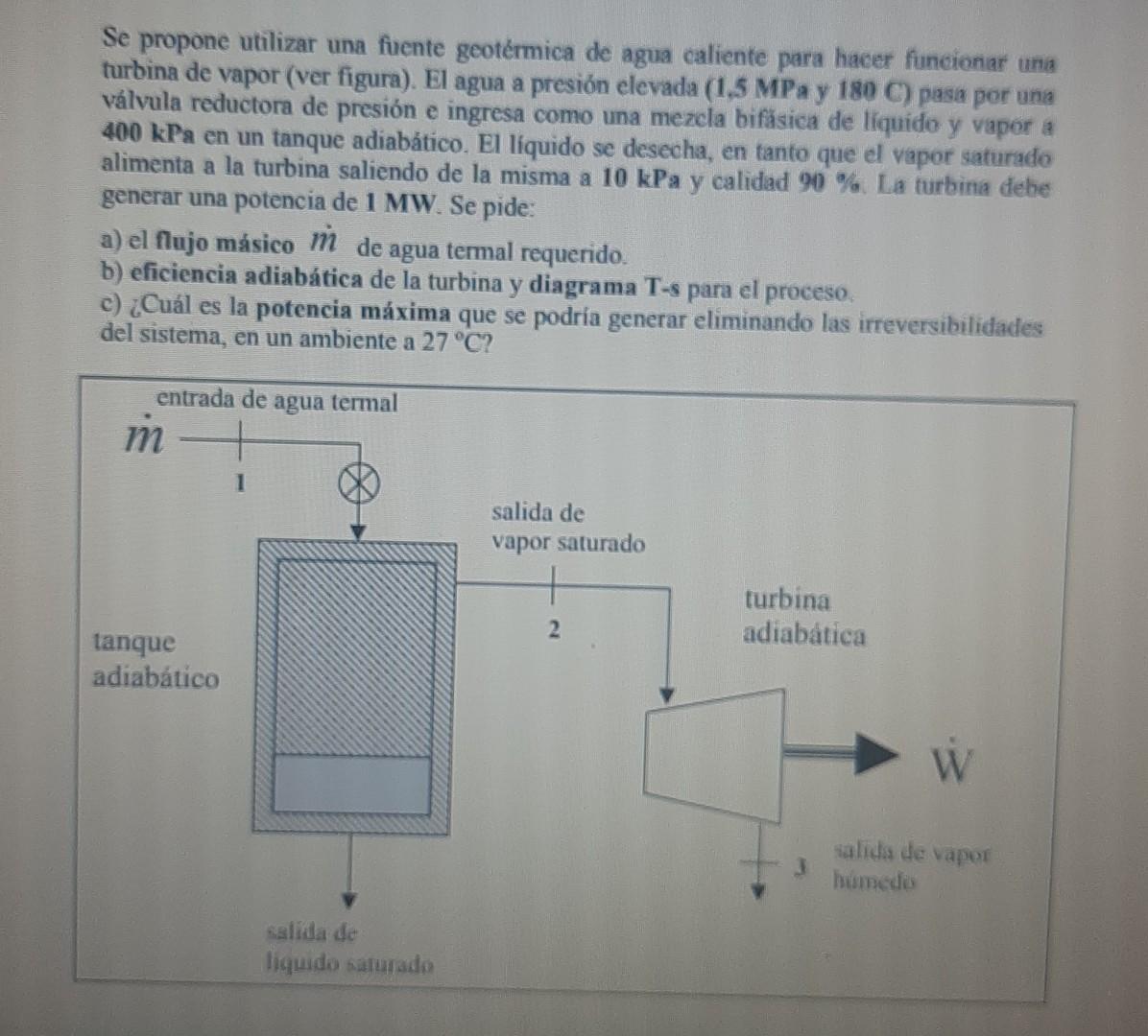 Se propone utilizar una fuente geotérmica de agua caliente para hacer funcionar una turbina de vapor (ver figura). El agua a