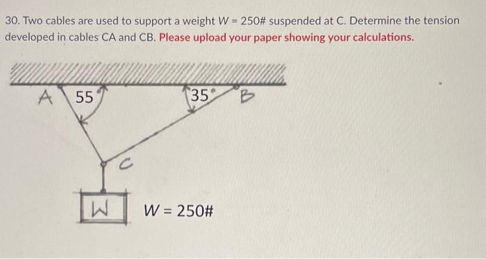 Solved 30. Two cables are used to support a weight W=250 # | Chegg.com
