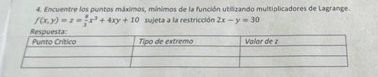 4. Encuentre los puntos máximos, mínimos de la función utilizando multiplicadores de Lagrange. \( f(x, y)=x=\frac{3}{3} x^{3}