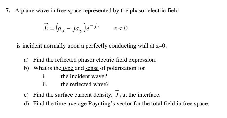 Solved 7. A plane wave in free space represented by the | Chegg.com
