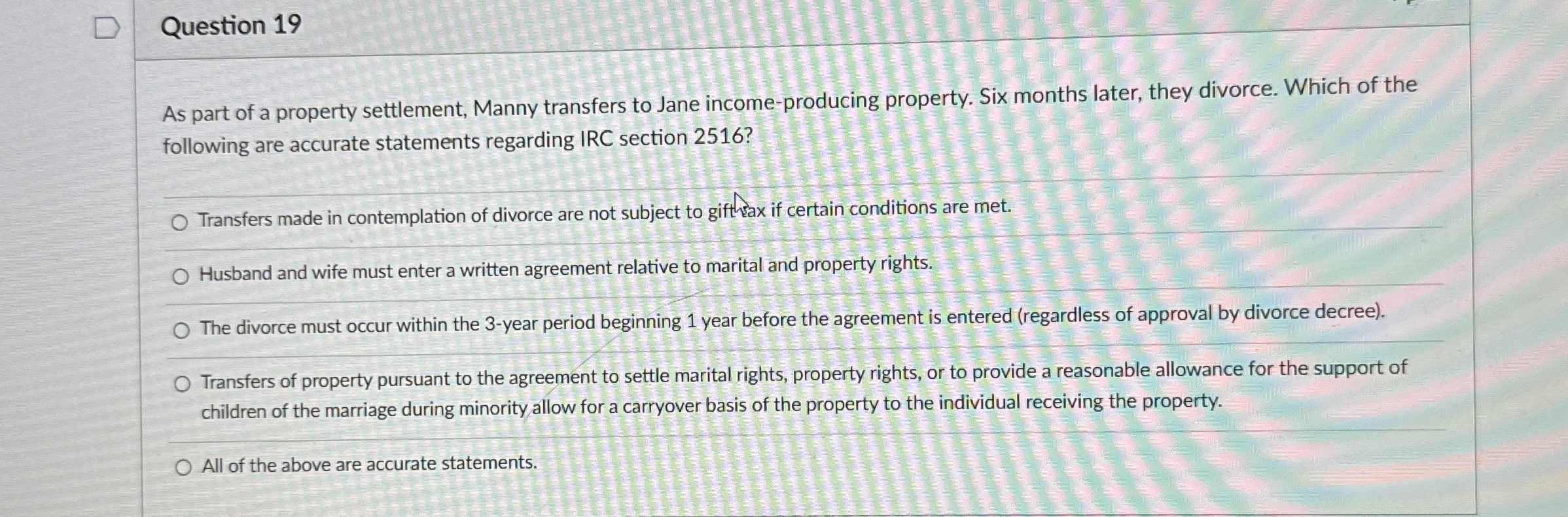 Solved Question 19As part of a property settlement, Manny | Chegg.com