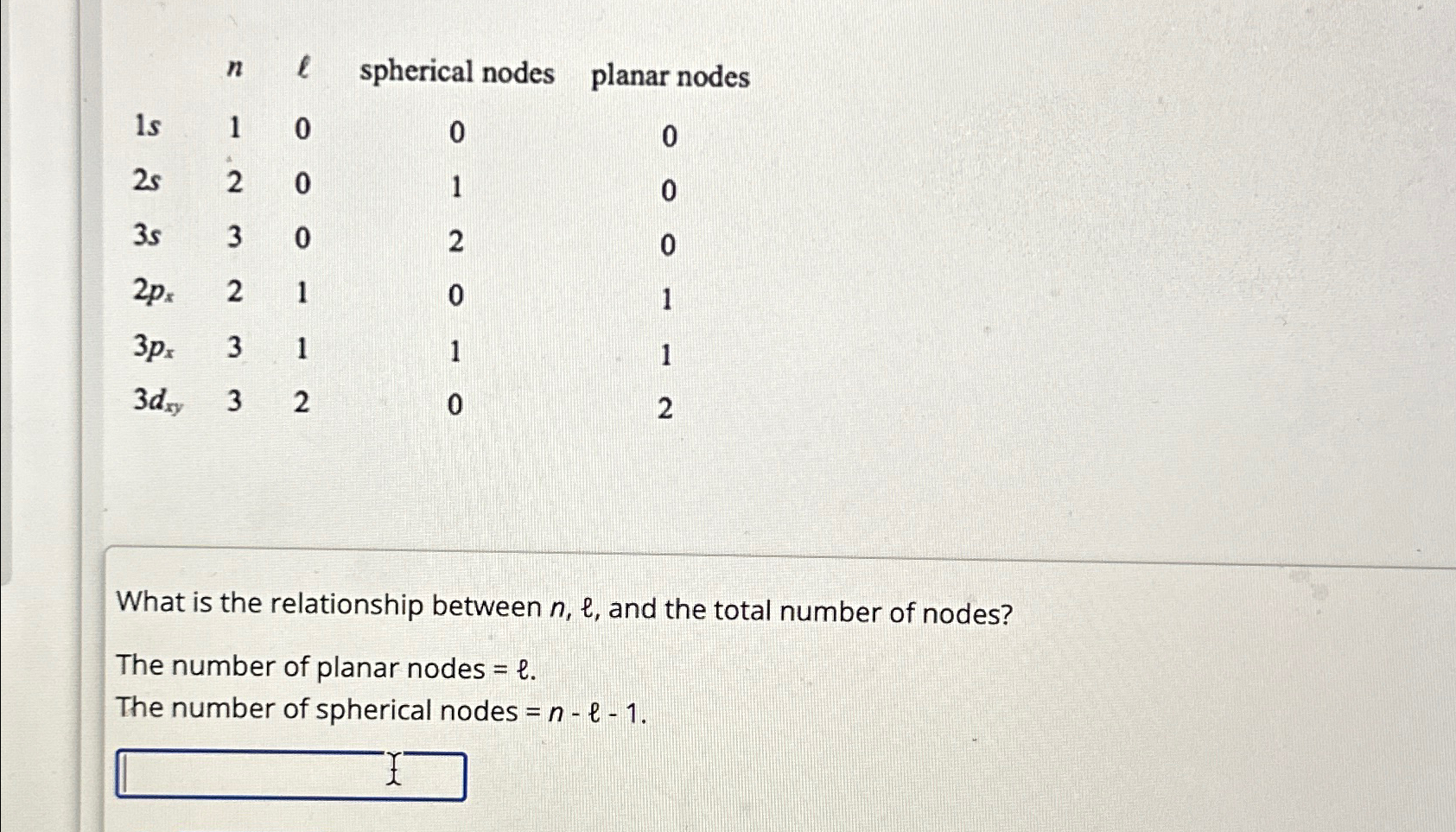 Solved \table[[,n,l,spherical nodes,planar | Chegg.com