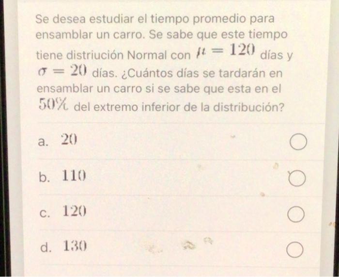 Se desea estudiar el tiempo promedio para ensamblar un carro. Se sabe que este tiempo tiene distriución Normal con \( f t=12(