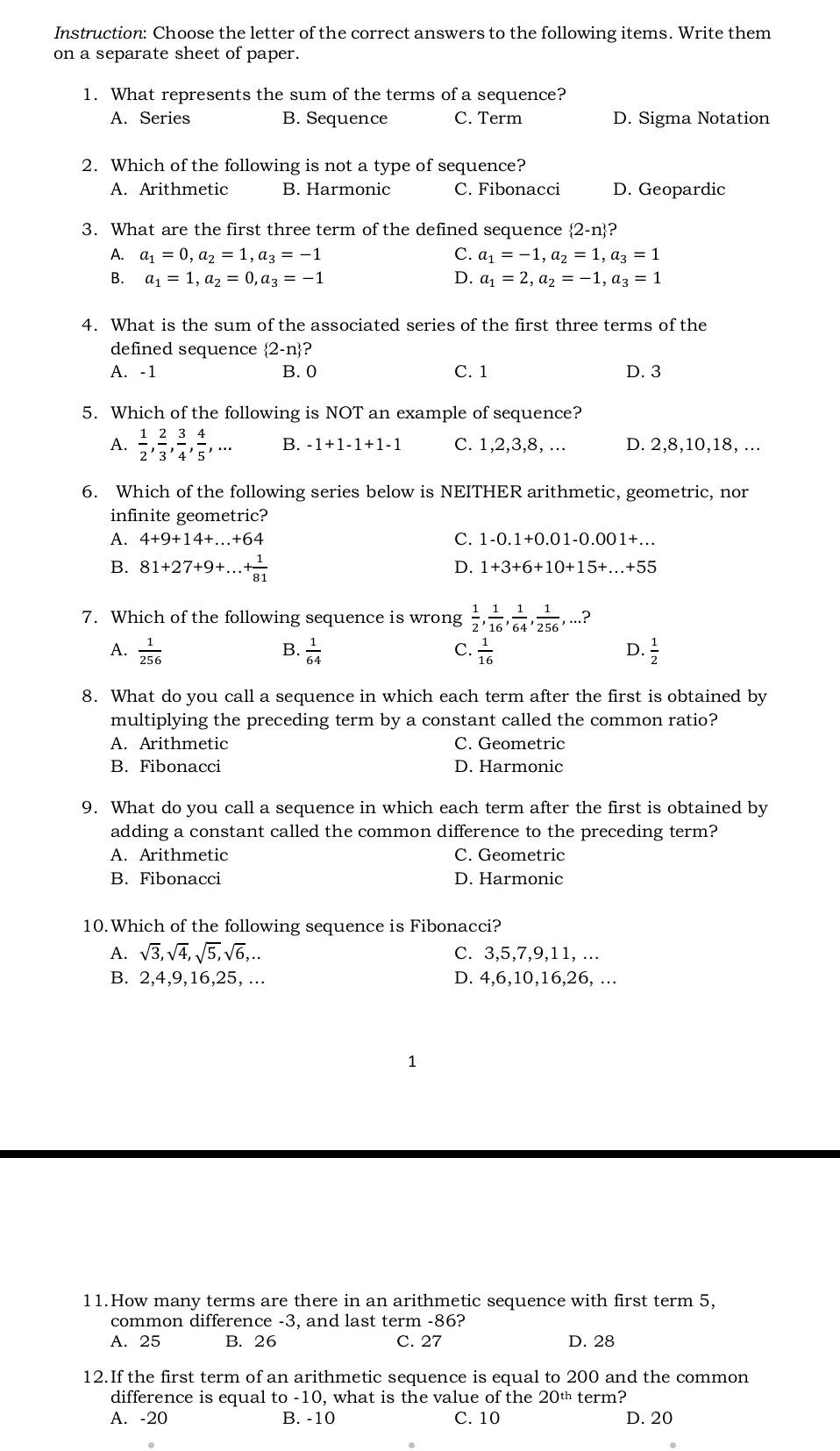 Solved Instruction Choose The Letter Of The Correct Answers Chegg Com
