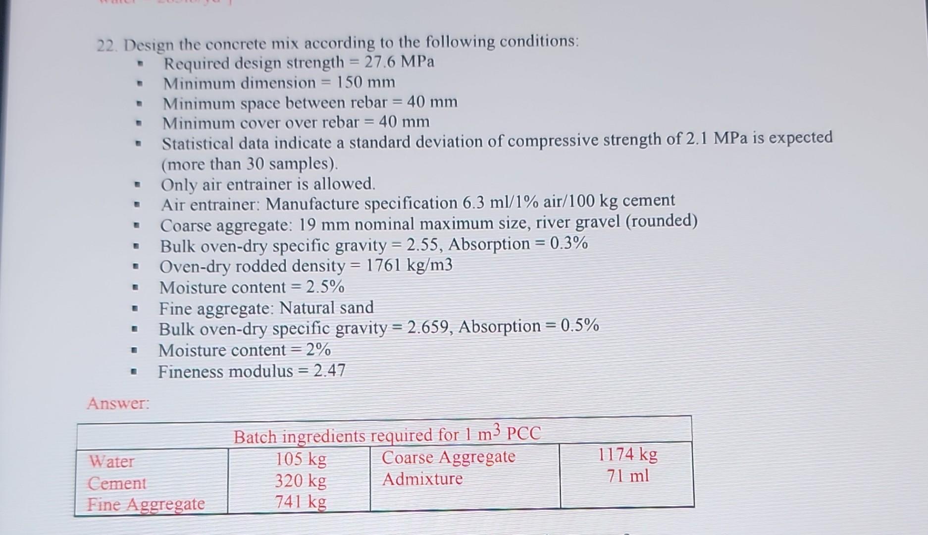 Solved 22. Design the concrete mix according to the