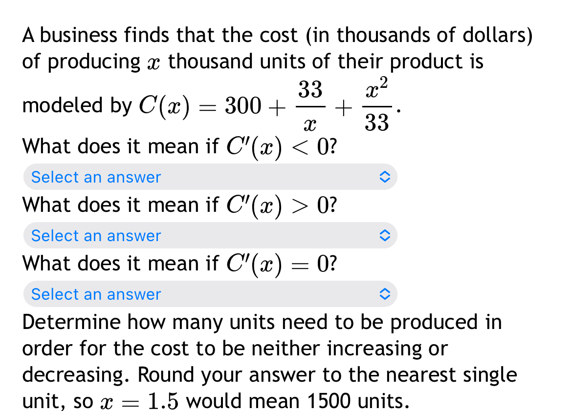 Solved A business finds that the cost (in thousands of | Chegg.com