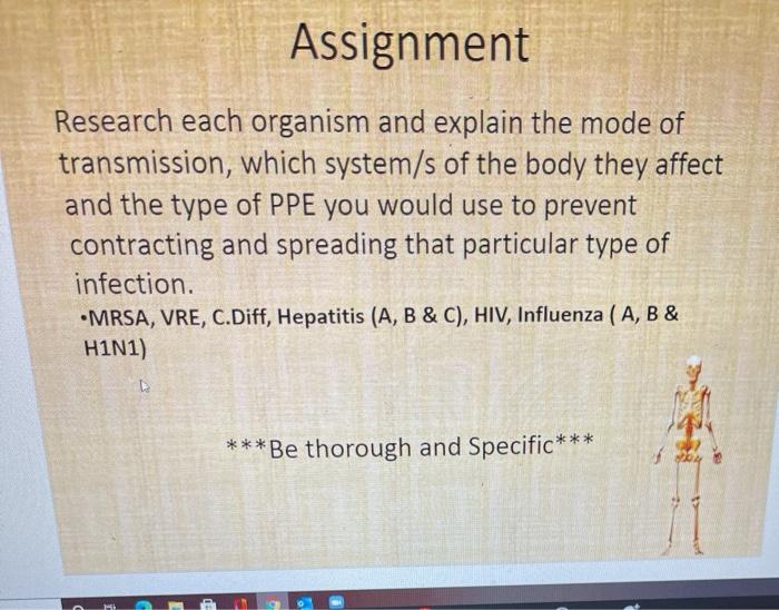 Assignment Research each organism and explain the mode of transmission, which system/s of the body they affect and the type o