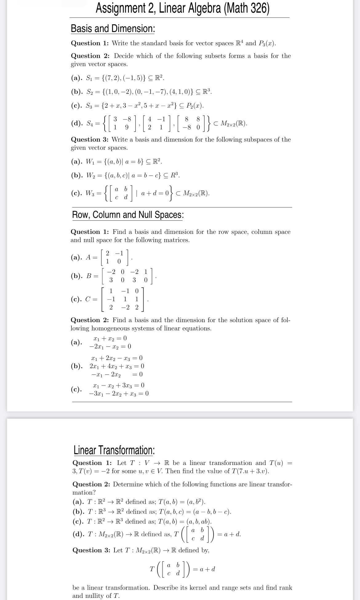 Solved Assignment 2, ﻿Linear Algebra (Math 326)Basis and | Chegg.com