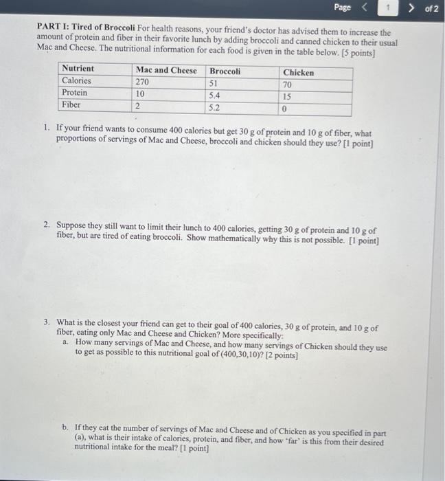 Solved PART I: Tired Of Broccoli For Health Reasons, Your | Chegg.com