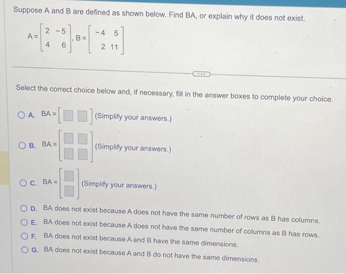 Solved Suppose A And B Are Defined As Shown Below. Find BA, | Chegg.com