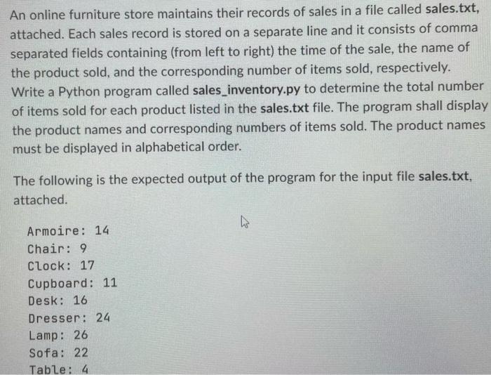 An online furniture store maintains their records of sales in a file called sales.txt,
attached. Each sales record is stored 