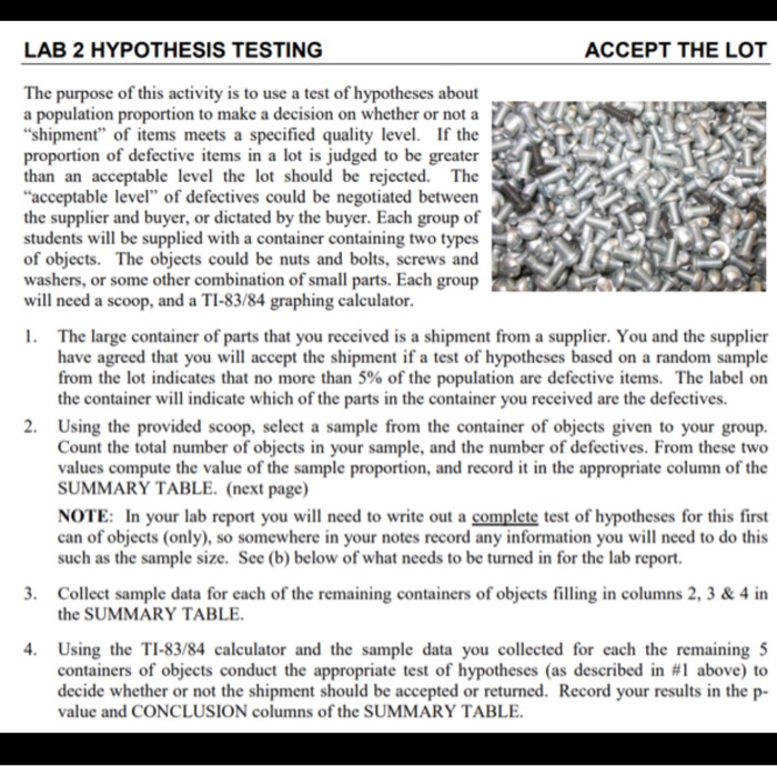 Lot Study Example Solved LAB 2 HYPOTHESIS TESTING ACCEPT THE LOT The purpose | Chegg.com