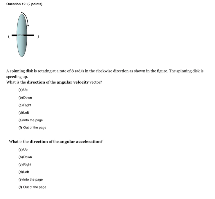 Solved Question 12: (2 ﻿points)A spinning disk is rotating | Chegg.com