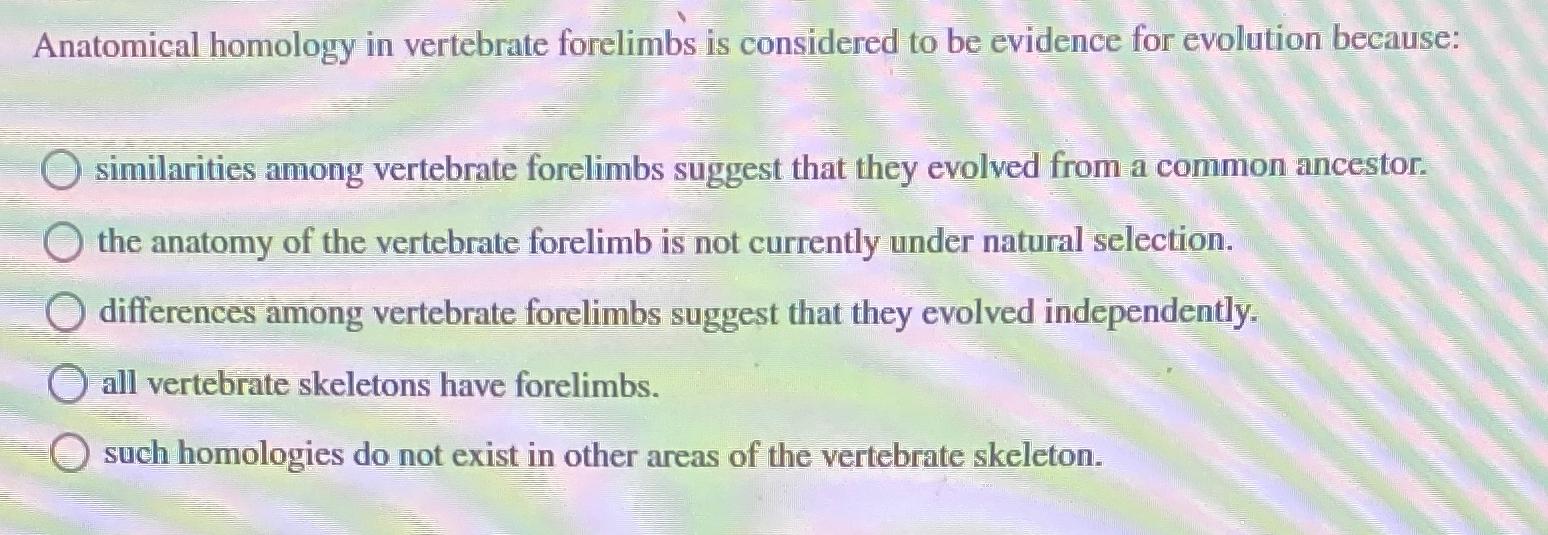 Solved Anatomical homology in vertebrate forelimbs is | Chegg.com