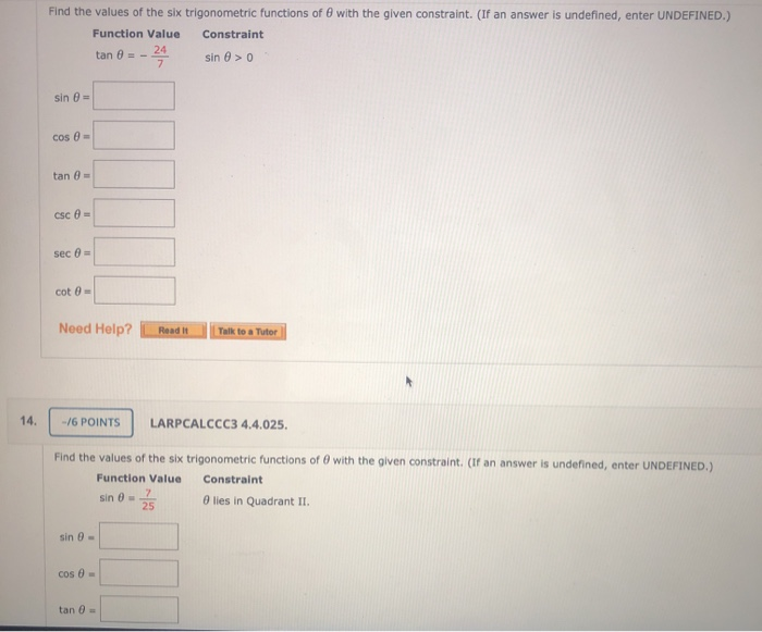 Solved Find the values of the six trigonometric functions of | Chegg.com