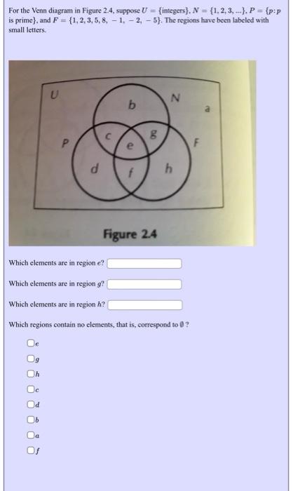 For the Venn diagram in Figure 2.4, suppose \( U=\{ \) integers \( \} . N=\{1,2,3, \ldots\}, P=\{p: p \) is prime \( \} \), a