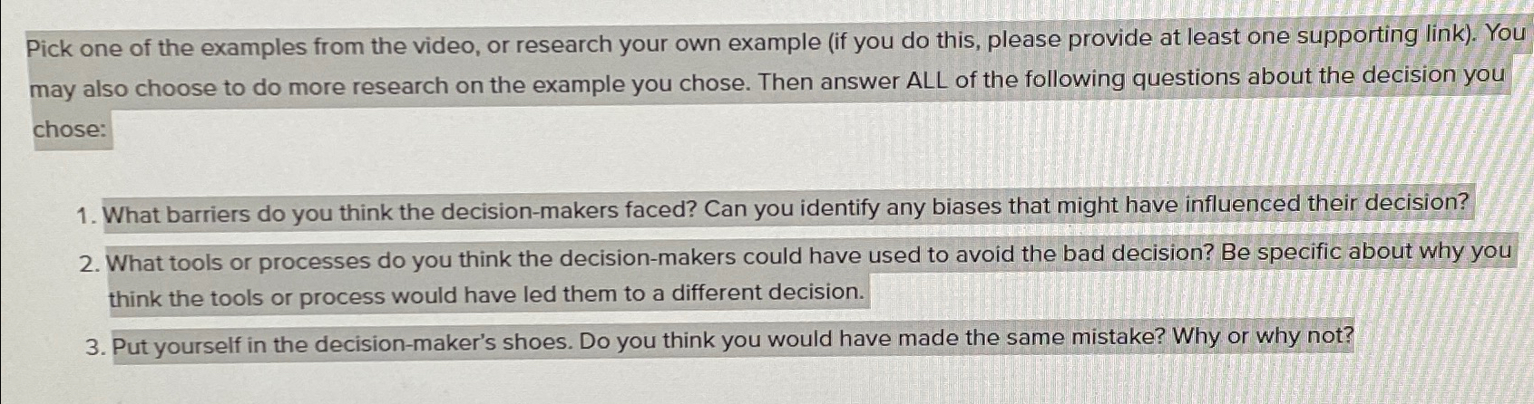 Solved Pick one of the examples from the video, or research | Chegg.com