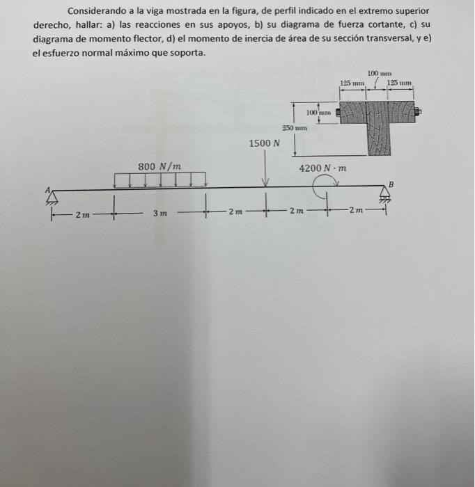 Considerando a la viga mostrada en la figura, de perfil indicado en el extremo superior derecho, hallar: a) las reacciones en