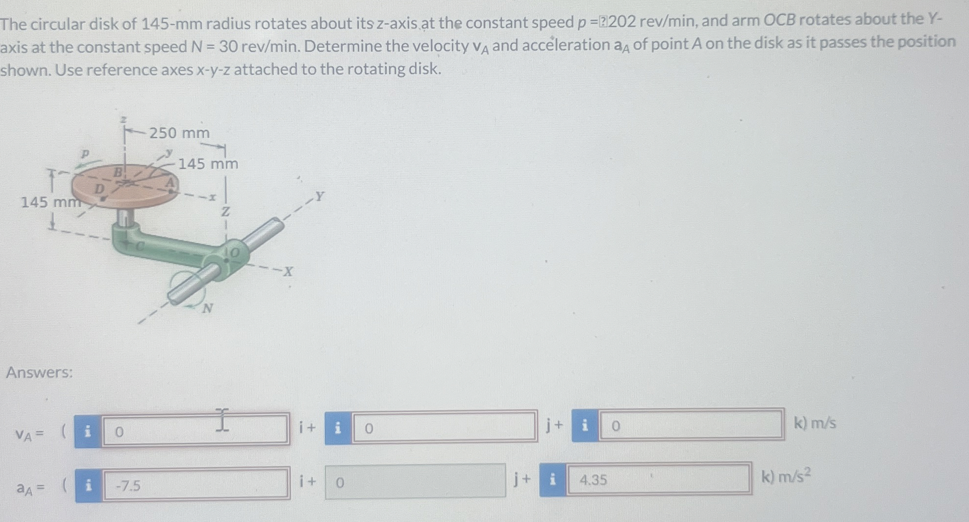 Solved The circular disk of 145-mm ﻿radius rotates about its | Chegg.com