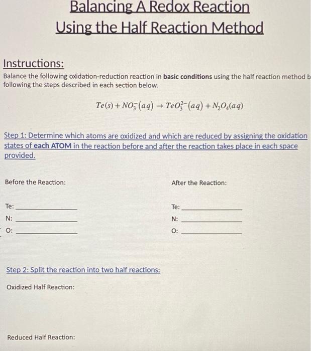 Solved Balancing A Redox Reaction Using the Half Reaction | Chegg.com