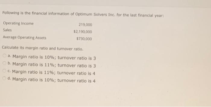 Solved Following is the financial information of Optimum | Chegg.com