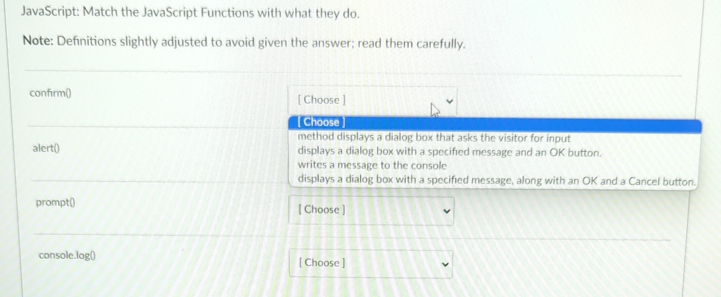 Solved JavaScript: Match the JavaScript Functions with what | Chegg.com image.