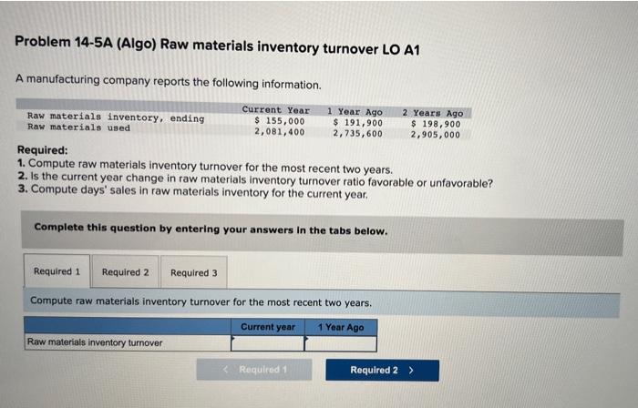 Solved Problem 14-5A (Algo) Raw materials inventory turnover | Chegg.com