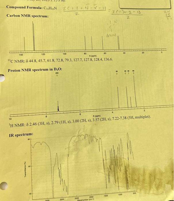 Compound Formula: \( \mathrm{C}_{11} \mathrm{H}_{13} \mathrm{~N} \)
\( { }^{1} H \) NMR: \( 82.46(511, \mathrm{~s}) \), 2...