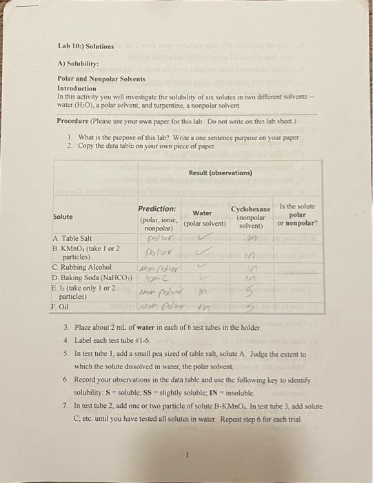 Solved Lab 10:) Solutions A) Solubility: Polar and Nonpolar | Chegg.com