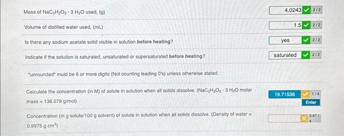 Solved Mass of NaC₂H3O2 3 H₂O used, (g) • Volume of | Chegg.com