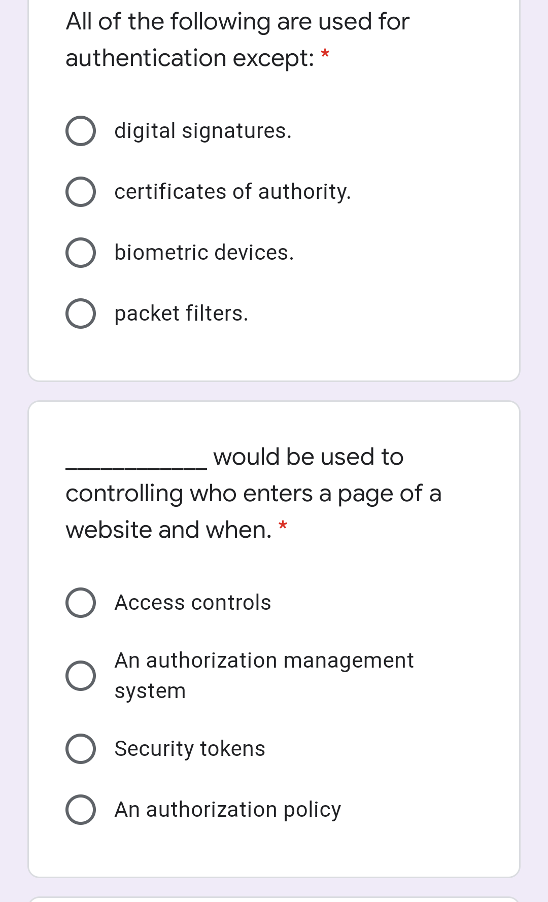 Solved All of the following are used for authentication | Chegg.com