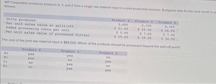 Solved WP Corporation Produces Products X,Y, And Z From A | Chegg.com