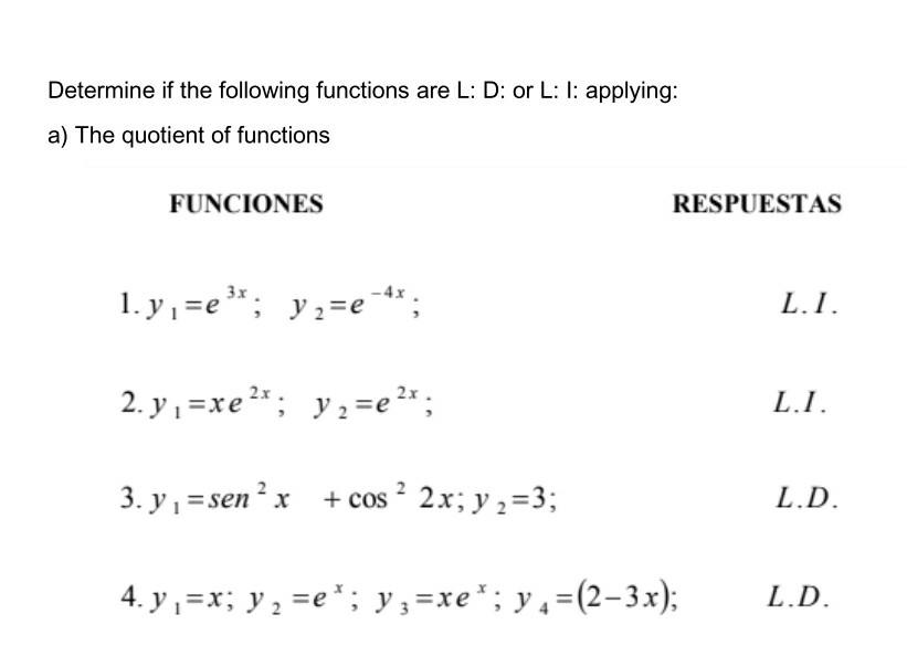 Determine if the following functions are L: D: or L: 1: applying: a) The quotient of functions FUNCIONES RESPUESTAS 3х. 1. y,