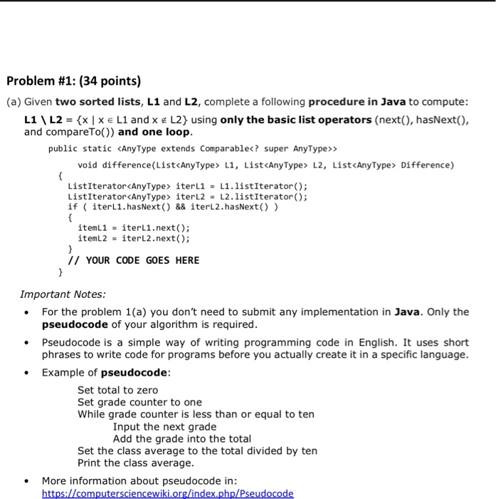 Solved Problem #1: (34 points) (a) Given two sorted lists, | Chegg.com