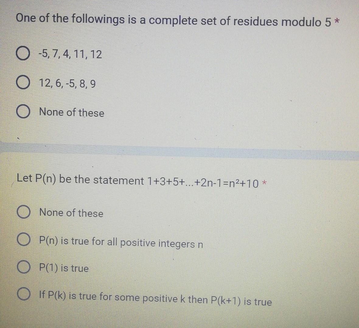Solved One of the followings is a complete set of residues