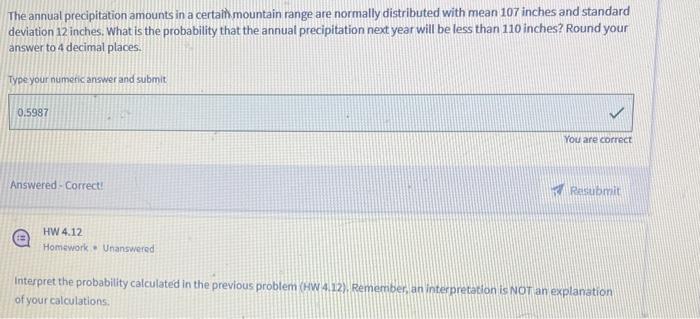 Solved The annual precipitation amounts in a certain | Chegg.com