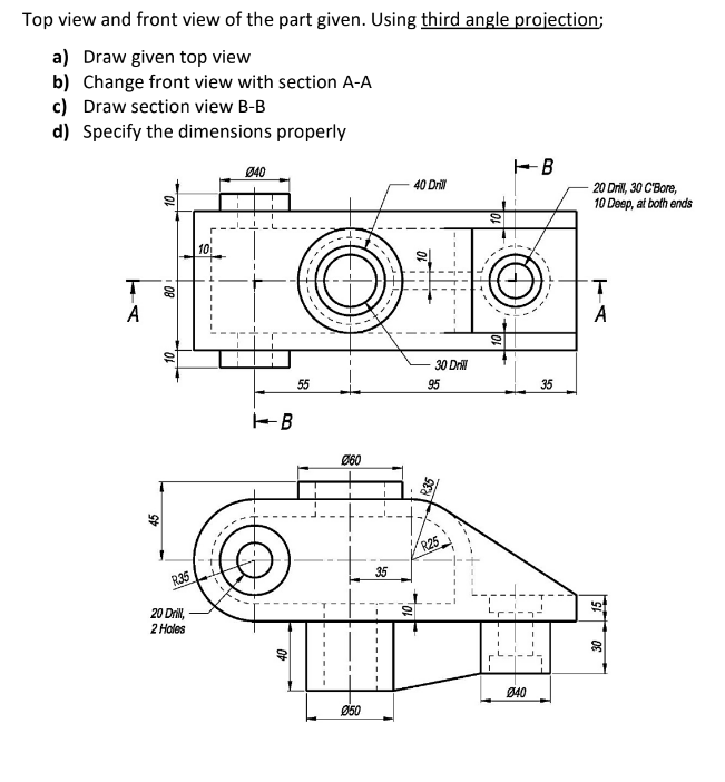 Solved Top view and front view of the part given. Using | Chegg.com